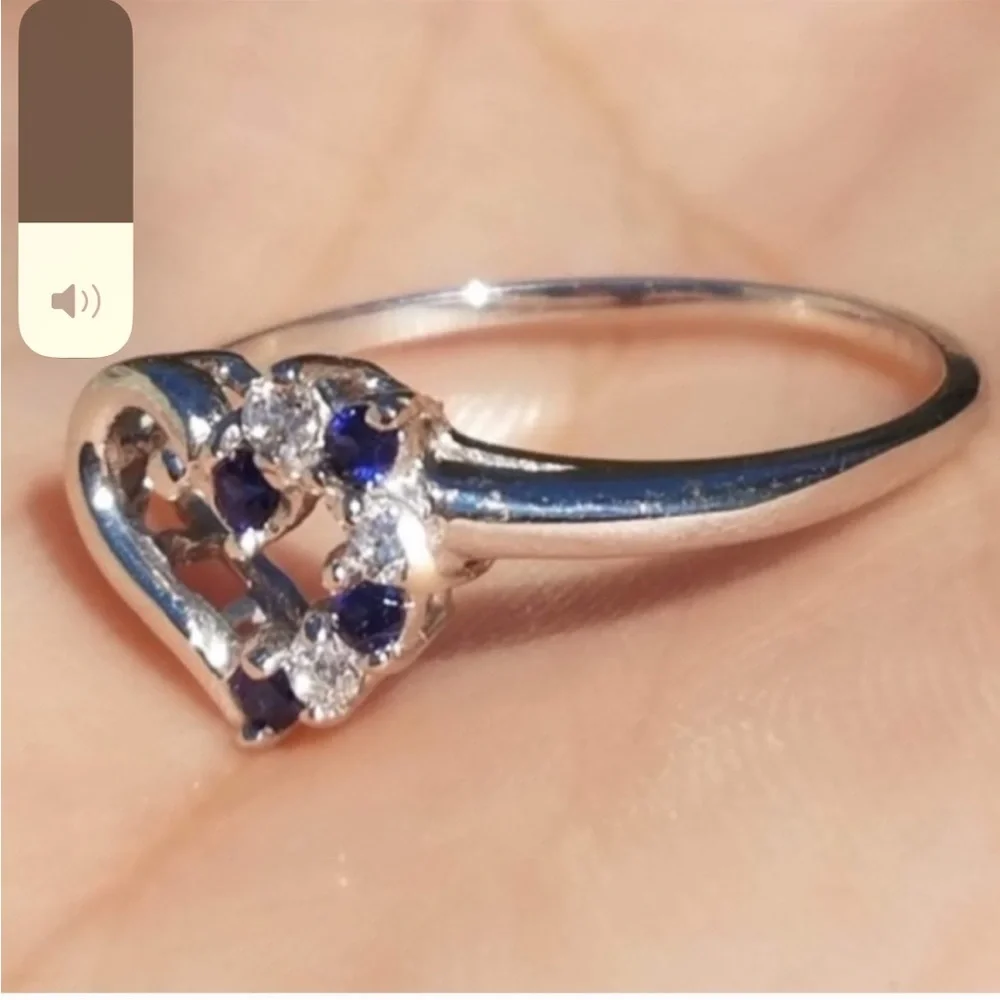10k Solid White Gold Genuine Blue Sapphire & Simulated Diamond Heart Ring